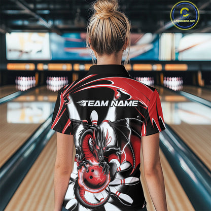 Custom Black And Red Dragon Bowling Women Polo Shirts, Dragon Bowling Team Jerseys IPHW9108