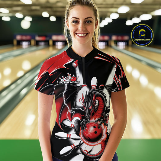 Custom Black And Red Dragon Bowling Women Quarter-Zip Shirts, Dragon Bowling Team Jerseys IPHW9108