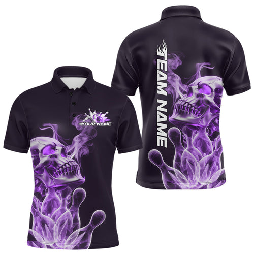Custom Purple Flame Smoke Skull Bowling Polo Shirts For Men, Halloween Bowling Outfit IPHW9496