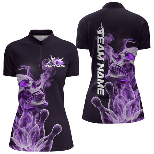 Custom Purple Flame Smoke Skull Bowling Women Quarter-Zip Shirt, Halloween Bowling Outfit IPHW9496