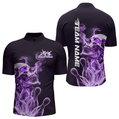 Custom Purple Flame Smoke Skull Bowling Quarter-Zip Shirts For Men, Halloween Bowling Outfit IPHW9496