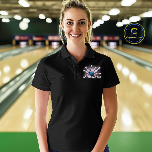 Custom Blue And Purple Bowling Team Polo Shirts For Women, Bowling League Shirt IPHW9368