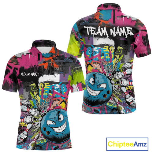 Custom Funny Graffity Colorful Bowling Polo Shirts For Men, Bowling Tournament Shirt IPHW9382