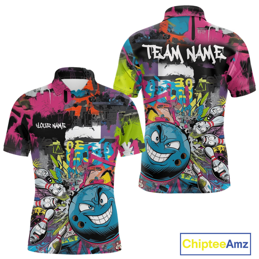 Custom Funny Graffity Colorful Bowling Polo Shirts For Men, Bowling Tournament Shirt IPHW9382