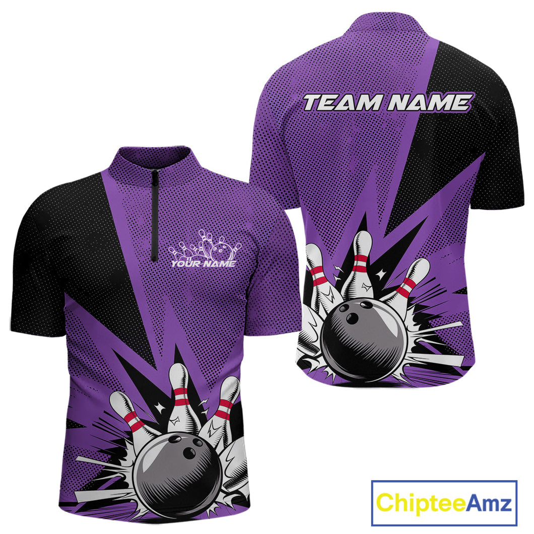 Custom Purple Bowling Jerseys, Bowling Team Men Quarter-Zip Shirts Bowling League Shirt IPHW9391