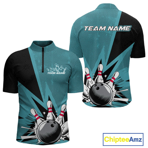 Custom Blue Bowling Jerseys, Bowling Team Men Quarter-Zip Shirts Bowling League Shirt IPHW9393