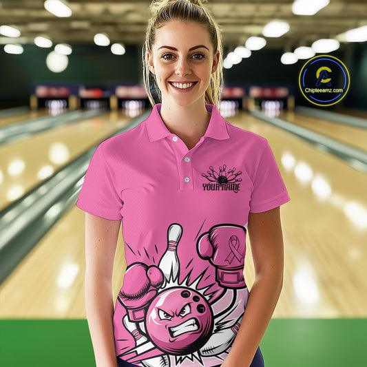 Custom Funny Pink Breast Cancer Bowling Women Polo Shirt, Breast Cancer Fighter Jerseys IPHW9395