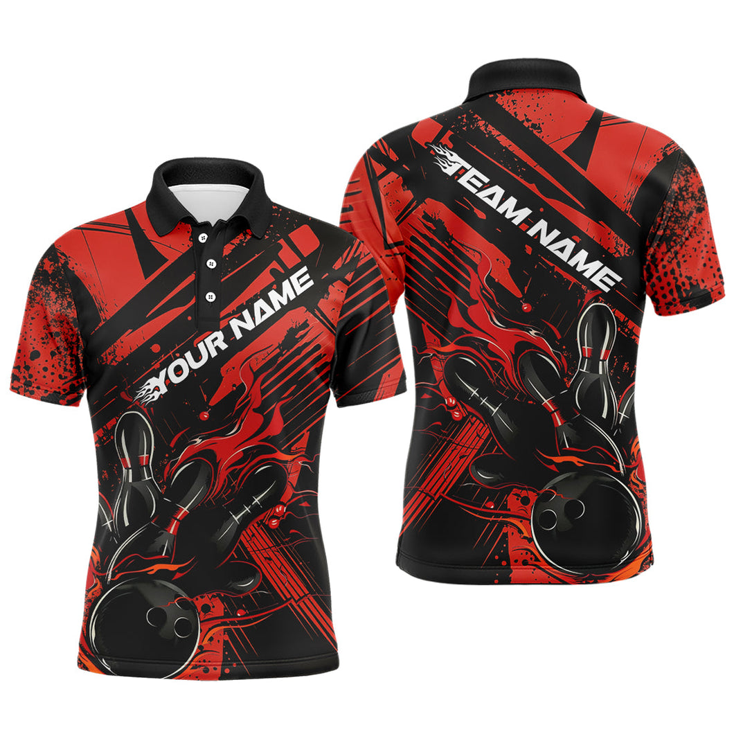 Custom Black And Red Flame Bowling Polo Shirts For Men, Bowling Team Shirt Bowler Uniform IPHW8243