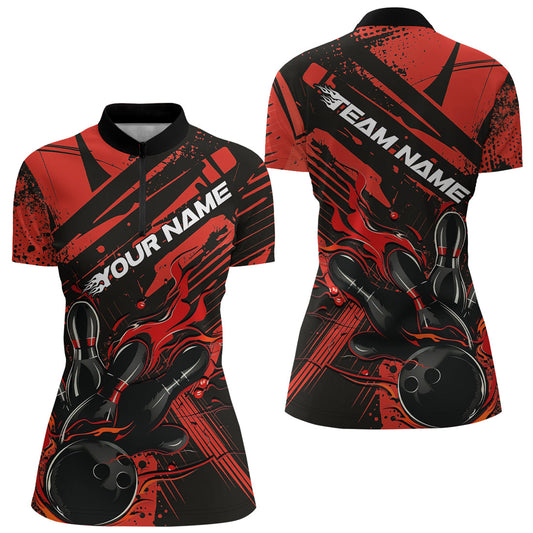 Custom Black And Red Flame Ladies Bowling Quarter-Zip Shirts, Bowling Team Shirt IPHW8243