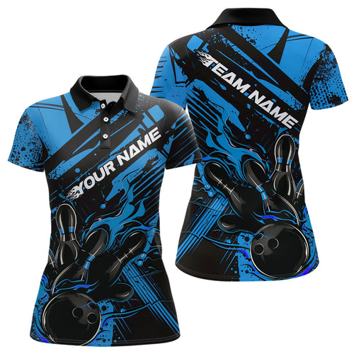 Custom Black And Blue Flame Bowling Polo Shirt For Women, Bowling Team Shirt Bowler Uniform IPHW8244