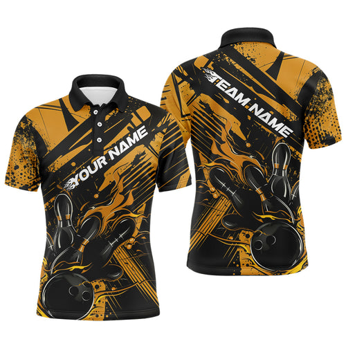 Custom Black And Gold Flame Bowling Polo Shirts For Men, Bowling Team Shirt Bowler Uniform IPHW8245