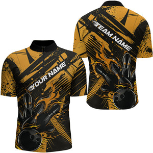 Custom Black And Gold Flame Bowling Quarter-Zip Shirts For Men, Bowling Team Shirt Bowler Uniform IPHW8245