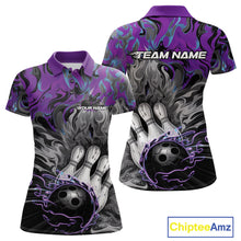 Load image into Gallery viewer, Custom Blue And Purple Fame Bowling Team Polo Shirts For Women, Fire Bowling Jerseys IPHW9559