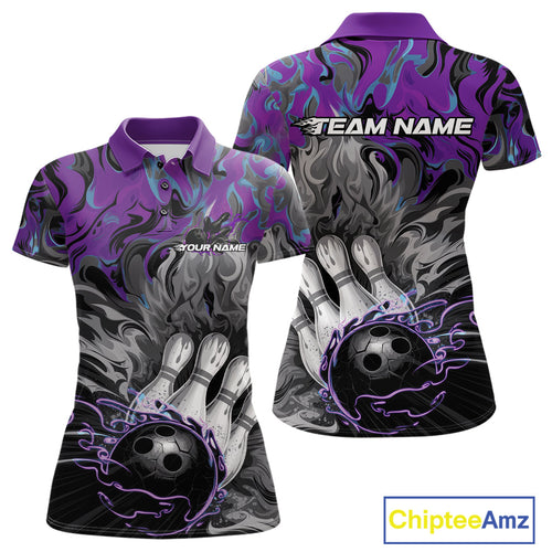 Custom Blue And Purple Fame Bowling Team Polo Shirts For Women, Fire Bowling Jerseys IPHW9559