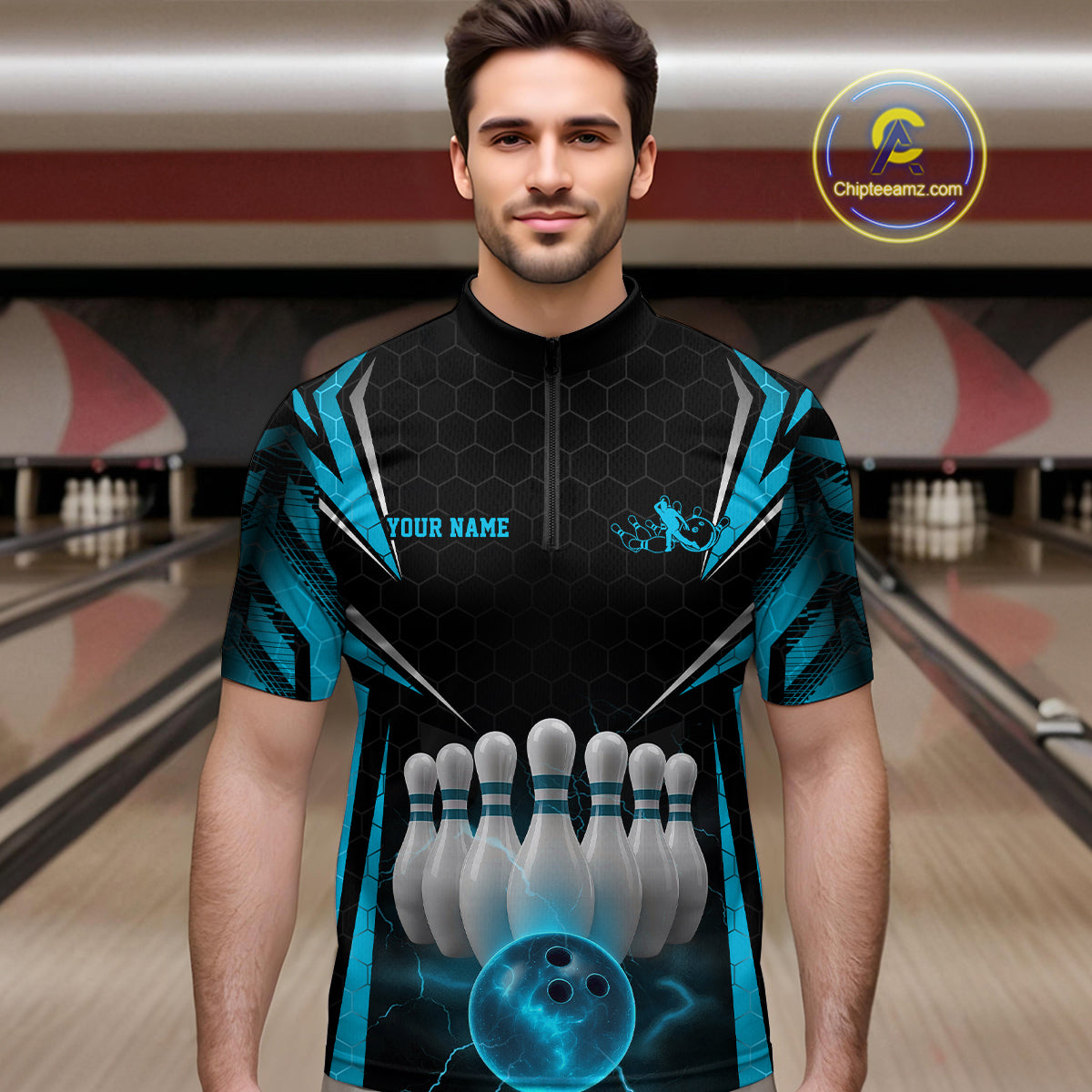 Custom Black And Blue Bowling Team Jerseys, Bowler Uniform Bowling Quarter-Zip Shirts For Men IPHW9284