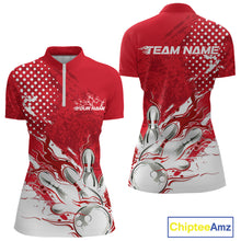 Load image into Gallery viewer, Custom White And Red Bowling Women Quarter Zip Shirt, Flame Bowling Jerseys Team Shirt IPHW9618