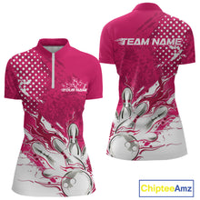 Load image into Gallery viewer, Custom White And Pink Bowling Women Quarter Zip Shirt, Flame Bowling Jerseys Team Shirt IPHW9619