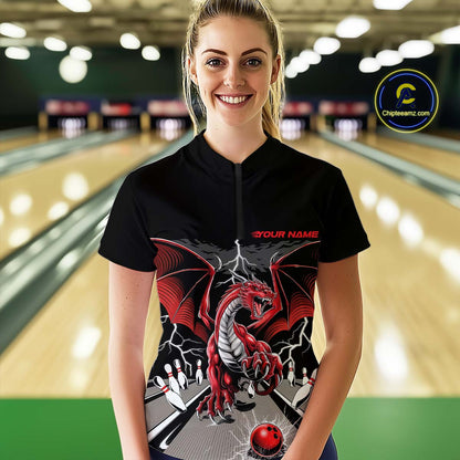 Custom Red Dragon On The Lane Bowling Women Quarter-Zip Shirts, Dragon Bowling Team Shirt IPHW9101