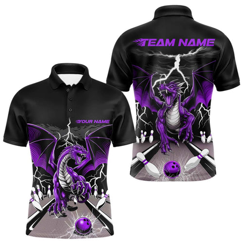 Custom Purple Dragon On The Lane Bowling Polo Shirts For Men, Dragon Bowling Team Shirt IPHW9102