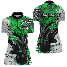 Load image into Gallery viewer, Black And Green Custom Flame Ladies Bowling Shirts, Splatter Bowling Team Jerseys Outfit IPHW7167