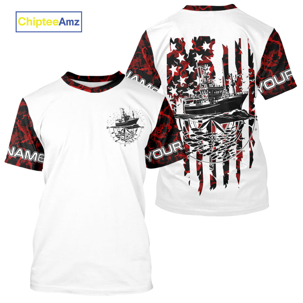 Custom Red Camo Patriotic Saltwater Performance Fishing T-Shirts, Deepsea Fishing T-Shirt IPHW9166