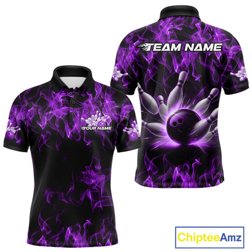 Custom Black And Purple Flame Bowling Team Men Polo Shirts, Bowling Tournament Shirt IPHW9756