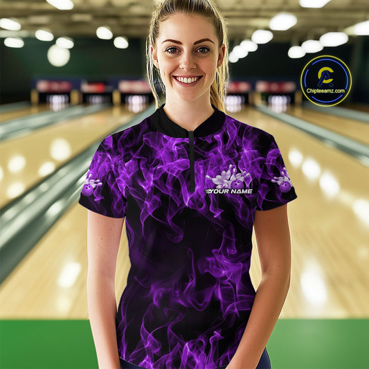 Custom Black And Purple Flame Bowling Women Quarter-Zip Shirts, Bowling Tournament Shirt IPHW9756