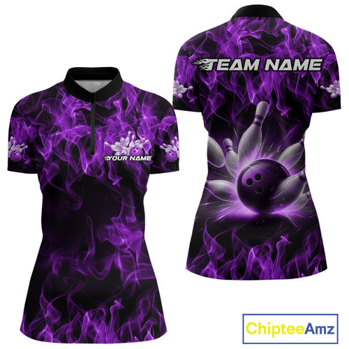 Custom Black And Purple Flame Bowling Women Quarter-Zip Shirts, Bowling Tournament Shirt IPHW9756