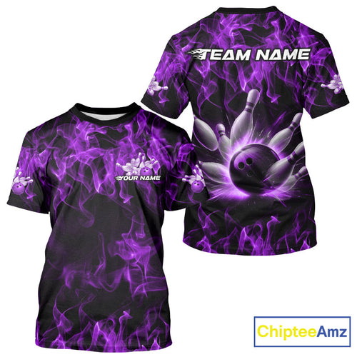 Custom Black And Purple Flame Bowling Team Men T-Shirts Shirts, Bowling Tournament IPHW9756