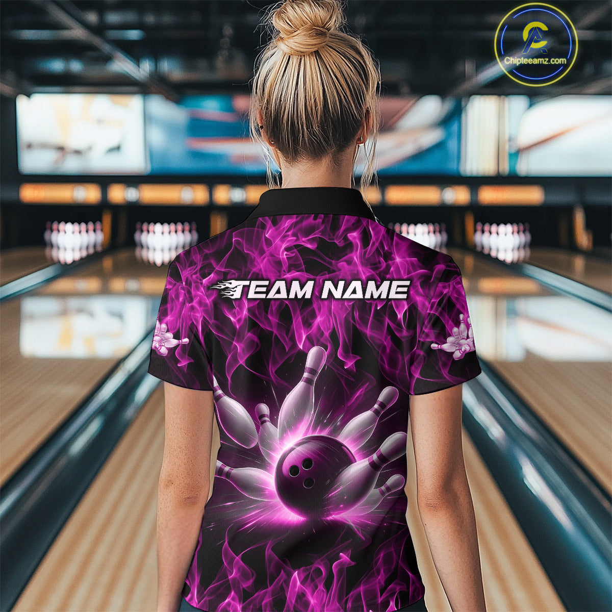 Custom Black And Pink Flame Bowling Team Women Polo Shirts, Bowling Tournament Shirt IPHW9757