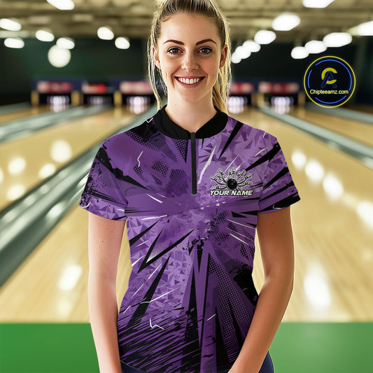 Custom Black And Purple Camo Bowling Team Women Quarter-Zip Shirts, Bowling League Shirt IPHW9383