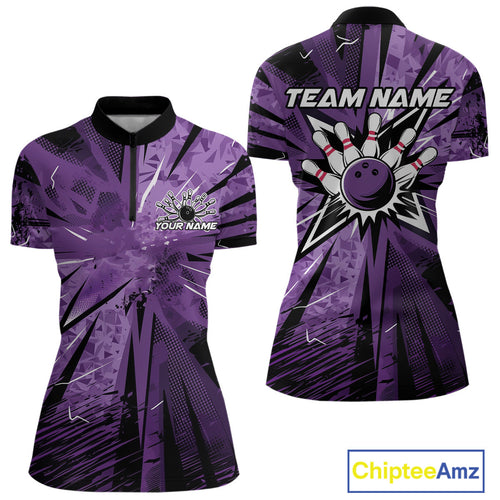 Custom Black And Purple Camo Bowling Team Women Quarter-Zip Shirts, Bowling League Shirt IPHW9383