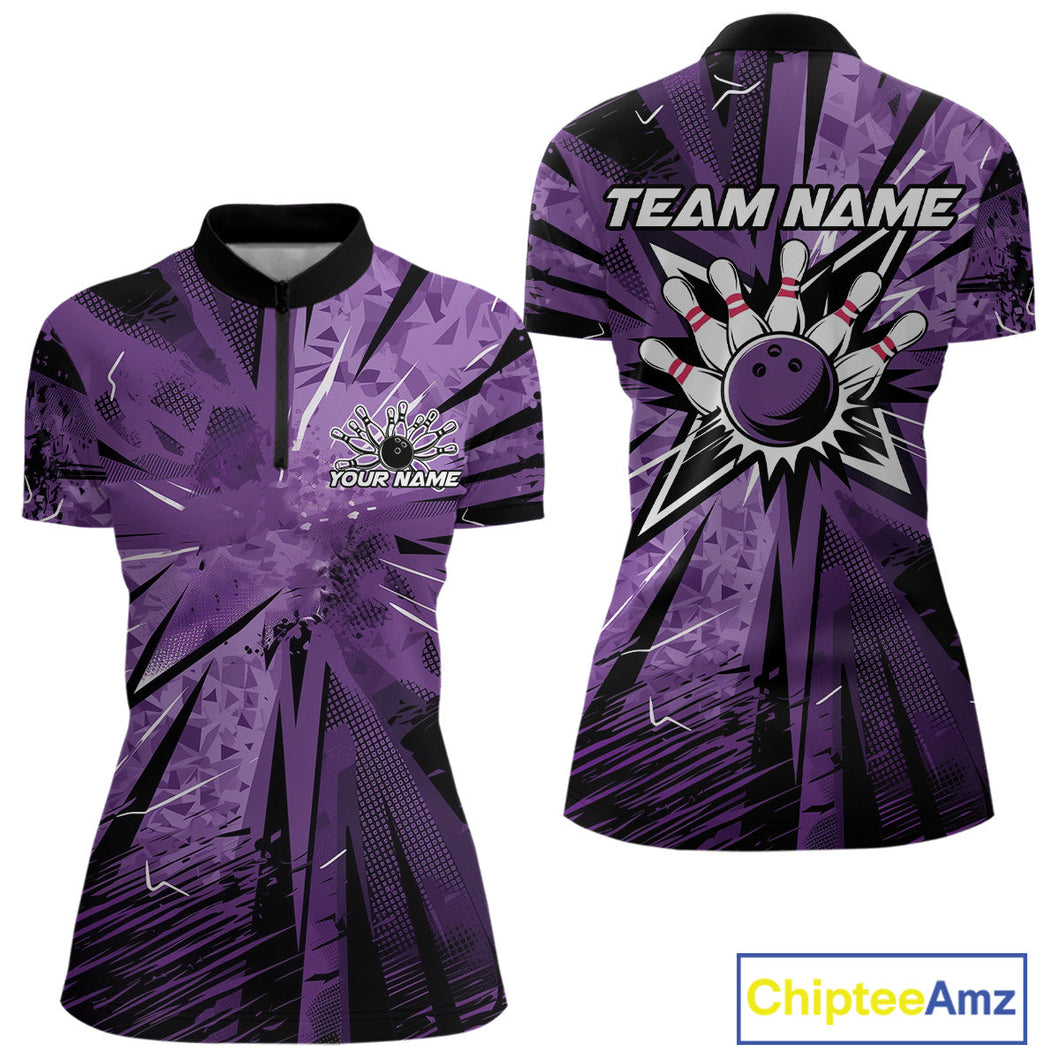 Custom Black And Purple Camo Bowling Team Women Quarter-Zip Shirts, Bowling League Shirt IPHW9383