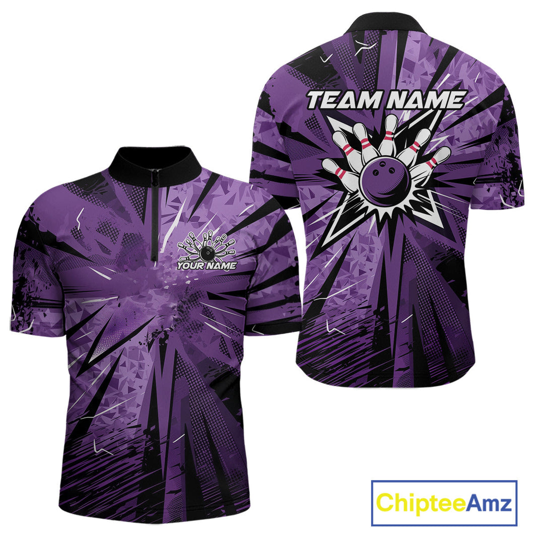Custom Black And Purple Camouflage Bowling Team Quarter-Zip Shirts For Men, Bowling League Shirt IPHW9383