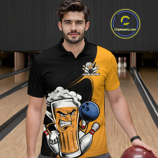 Custom Funny Black And Yellow Bowling And Beer Polo Shirts For Men, Bowling League Shirt IPHW9609