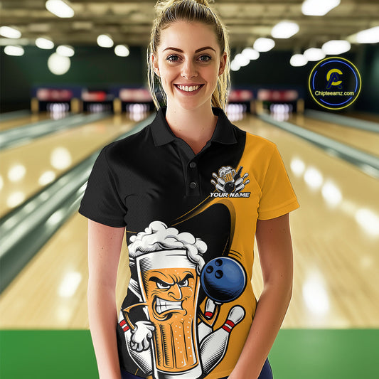 Custom Funny Black And Yellow Bowling And Beer Women Polo Shirts, Bowling League Shirt IPHW9609