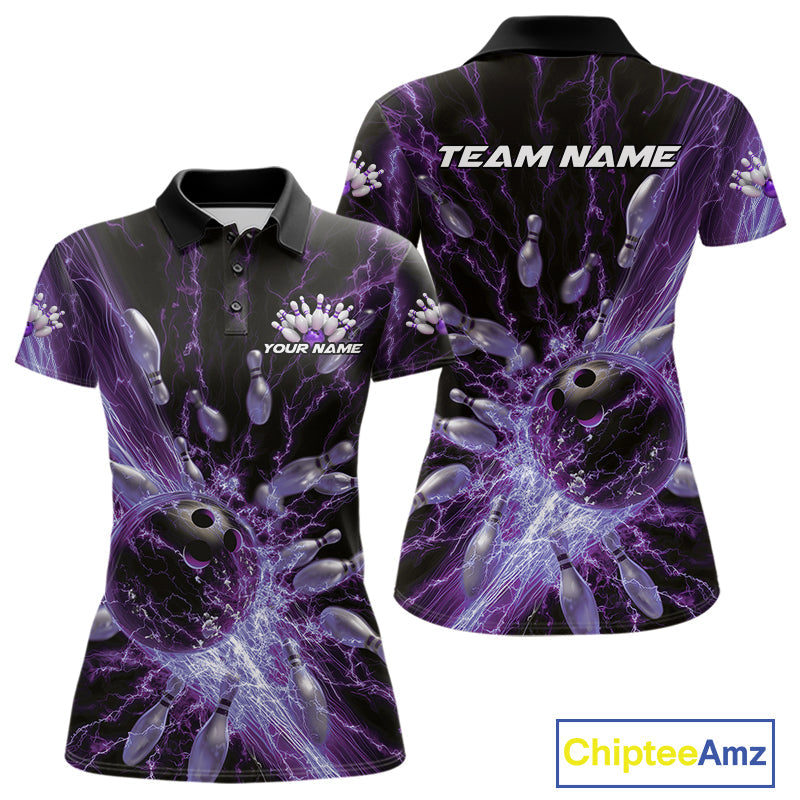 Custom Purple Thunder Lightning Bowling Team Women Polo Shirts, Bowling Jerseys IPHW9744