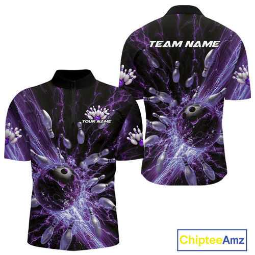 Custom Purple Thunder Lightning Bowling Team Men Quarter-Zip Shirts, Bowling Jerseys IPHW9744