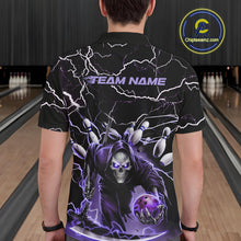 Load image into Gallery viewer, Custom Black And Purple Lightning Grim Reaper Bowling Men Polo Shirt, Halloween Outfit IPHW9803