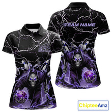 Load image into Gallery viewer, Custom Black And Purple Lightning Grim Reaper Bowling Women Polo Shirt, Halloween Outfit IPHW9803