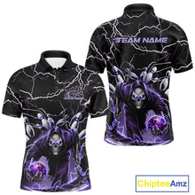 Load image into Gallery viewer, Custom Black And Purple Lightning Grim Reaper Bowling Men Polo Shirt, Halloween Outfit IPHW9803