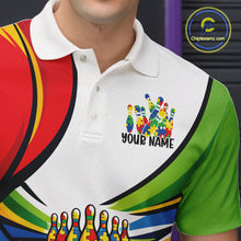 Load image into Gallery viewer, Close-up left chest detail of bowling polo shirt showing colorful autism bowling lane motif with puzzle-style graphics and clean textile focus