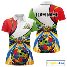 Load image into Gallery viewer, Women’s polo shirt mockup front and back displaying colorful autism bowling lane theme with puzzle-inspired artwork