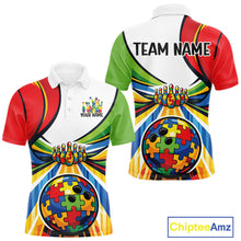 Load image into Gallery viewer, Men’s bowling polo shirt mockup displaying colorful autism-themed bowling lane graphics with puzzle-inspired artwork in a front and back layout