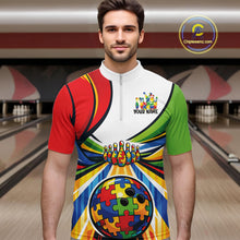 Load image into Gallery viewer, In Bowling Venue Front View Male Model Wearing Quarter-Zip Shirt With Autism Puzzle Bowling Lane Artwork In Bright Multicolor Style
