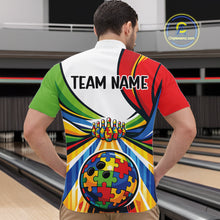 Load image into Gallery viewer, At Bowling Alley Front View Male Model In Quarter-Zip Shirt Showcasing Autism-Themed Bowling Lane Graphic With Colorful Puzzle Visual Accents