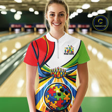 Load image into Gallery viewer, Female model in a bowling lane wearing a quarter-zip shirt, vibrant autism puzzle bowling lane illustration with colorful sports design.