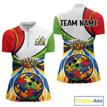 Load image into Gallery viewer, Front and back view of a women’s quarter-zip bowling shirt mockup featuring colorful autism-themed bowling lane and puzzle graphics.