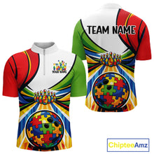 Load image into Gallery viewer, Front And Back View Of Mens Bowling Quarter-Zip Mockup Showing Autism Bowling Lane Illustration With Colorful Puzzle Pattern Graphic Elements