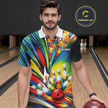 Load image into Gallery viewer, Male model in a bowling lane wearing a white polo shirt, front view highlighting autism bowling strike illustration with puzzle-inspired design